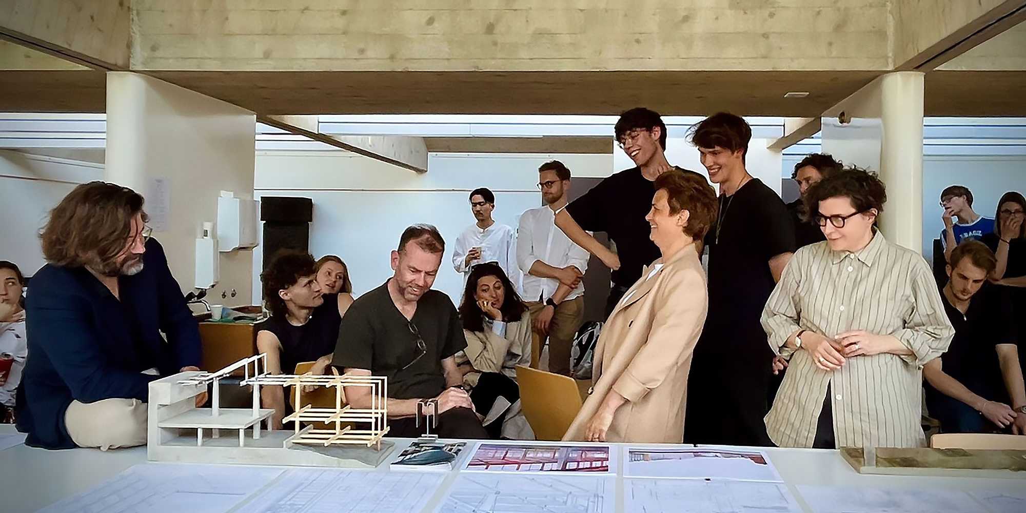 Boris Gusić, Tom Emerson, Stéphanie Bru and Irina Davidovici discuss at Atelier Gisel, where Tom Emerson's studio was hosted in the spring semester of 2024.