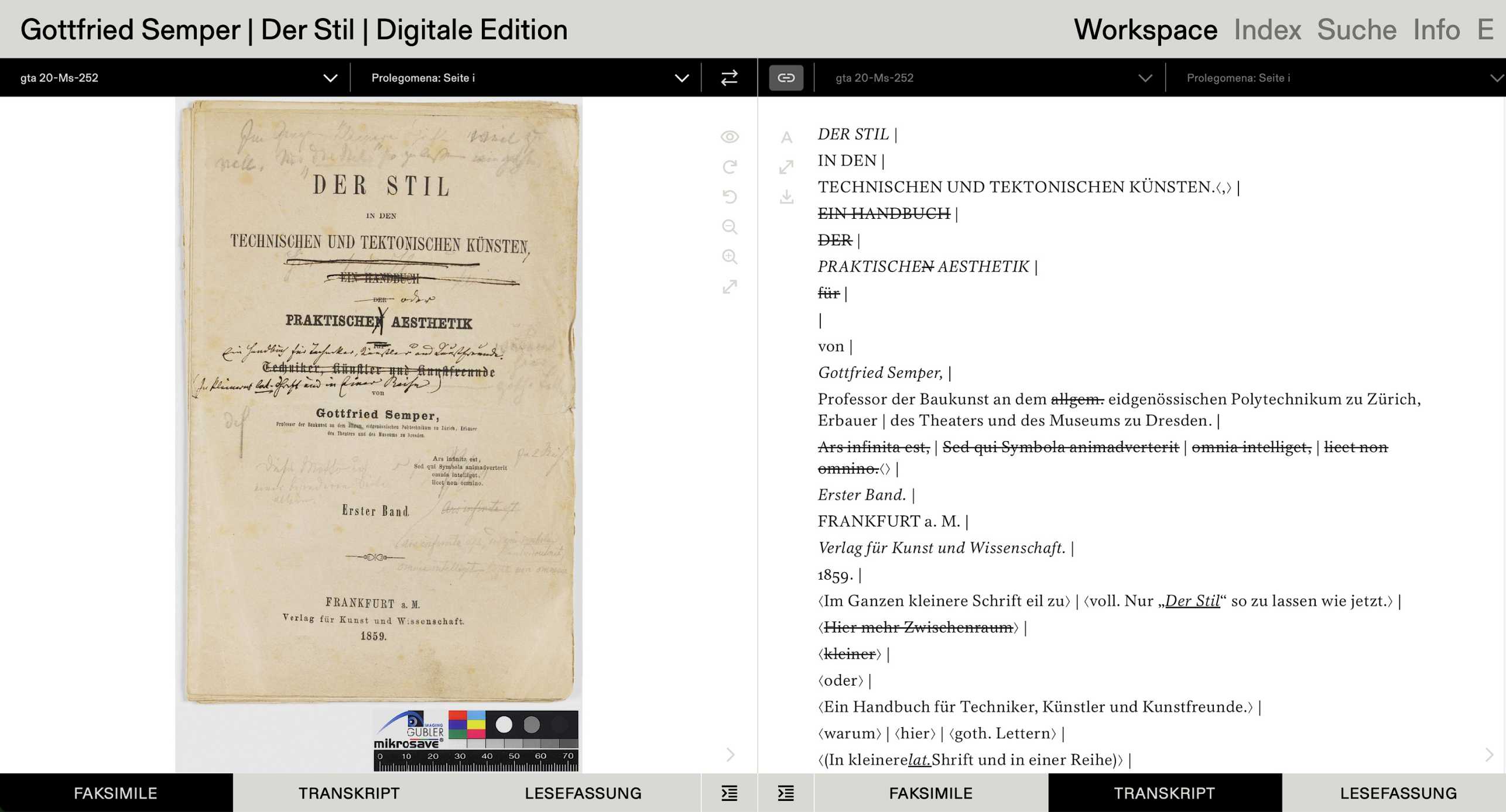 Enlarged view: Facsimile, transcript or reading version can be compared in the workspace.