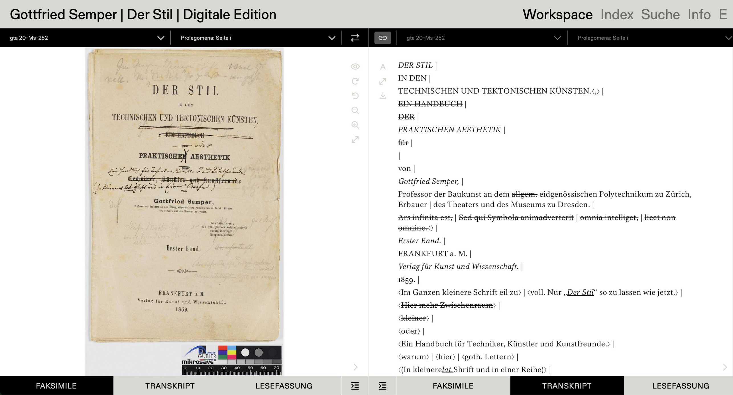 Vergrösserte Ansicht: Im Workspace können Faksimile, Transkript oder Lesefassung verglichen werden.